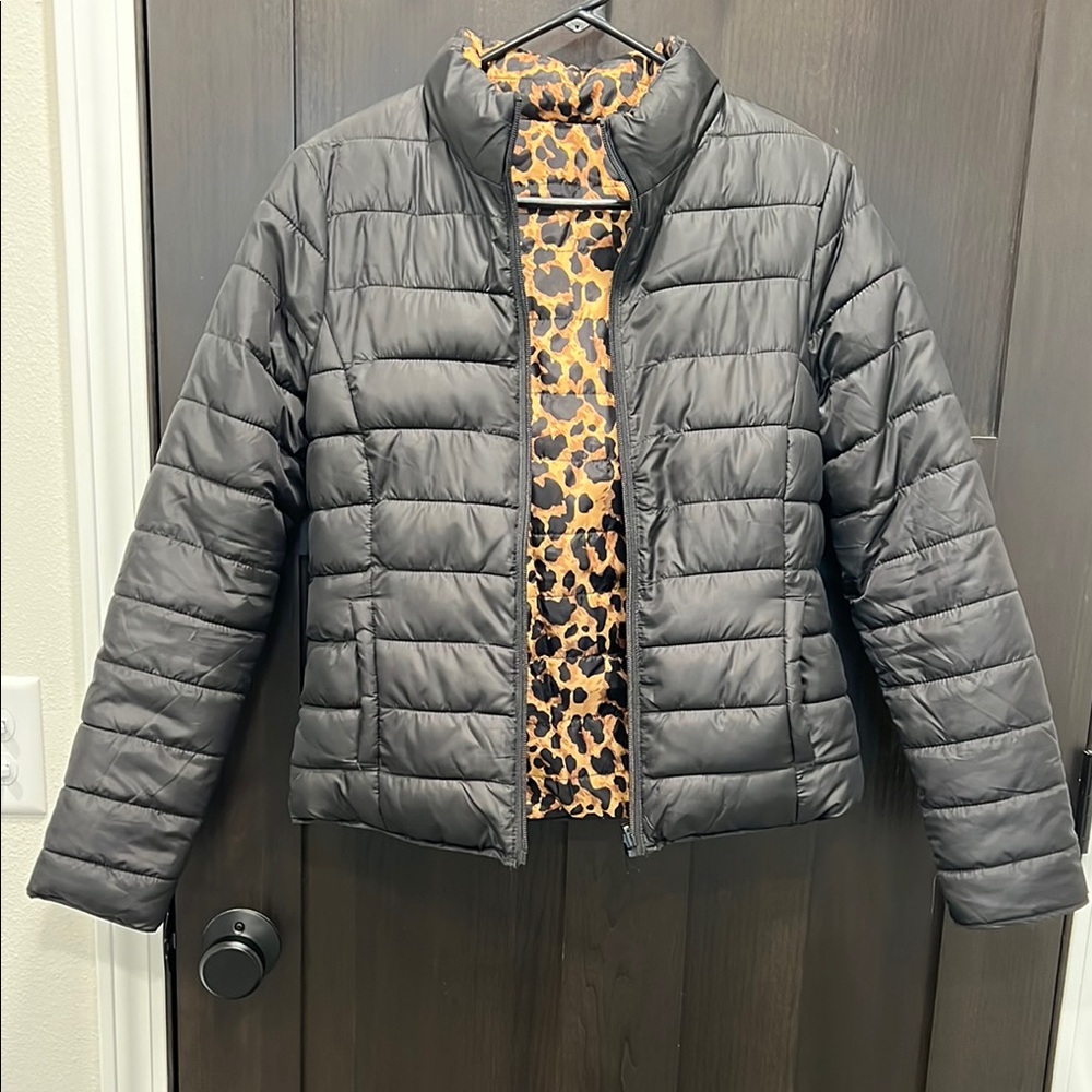 Black Puffer Jacket with Leopard Print Lining